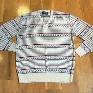 Vintage Robert Bruce XL V-Neck Sweater.  100% Acrylic, Cream/Gray/Red Striped.**